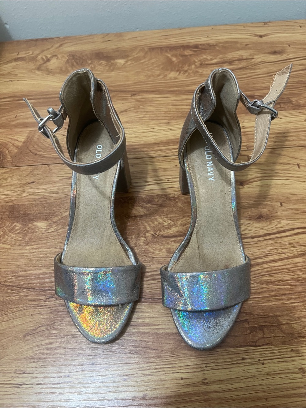 Old Navy Iridescent Ankle-Strap Block Heel Sandals - Silver